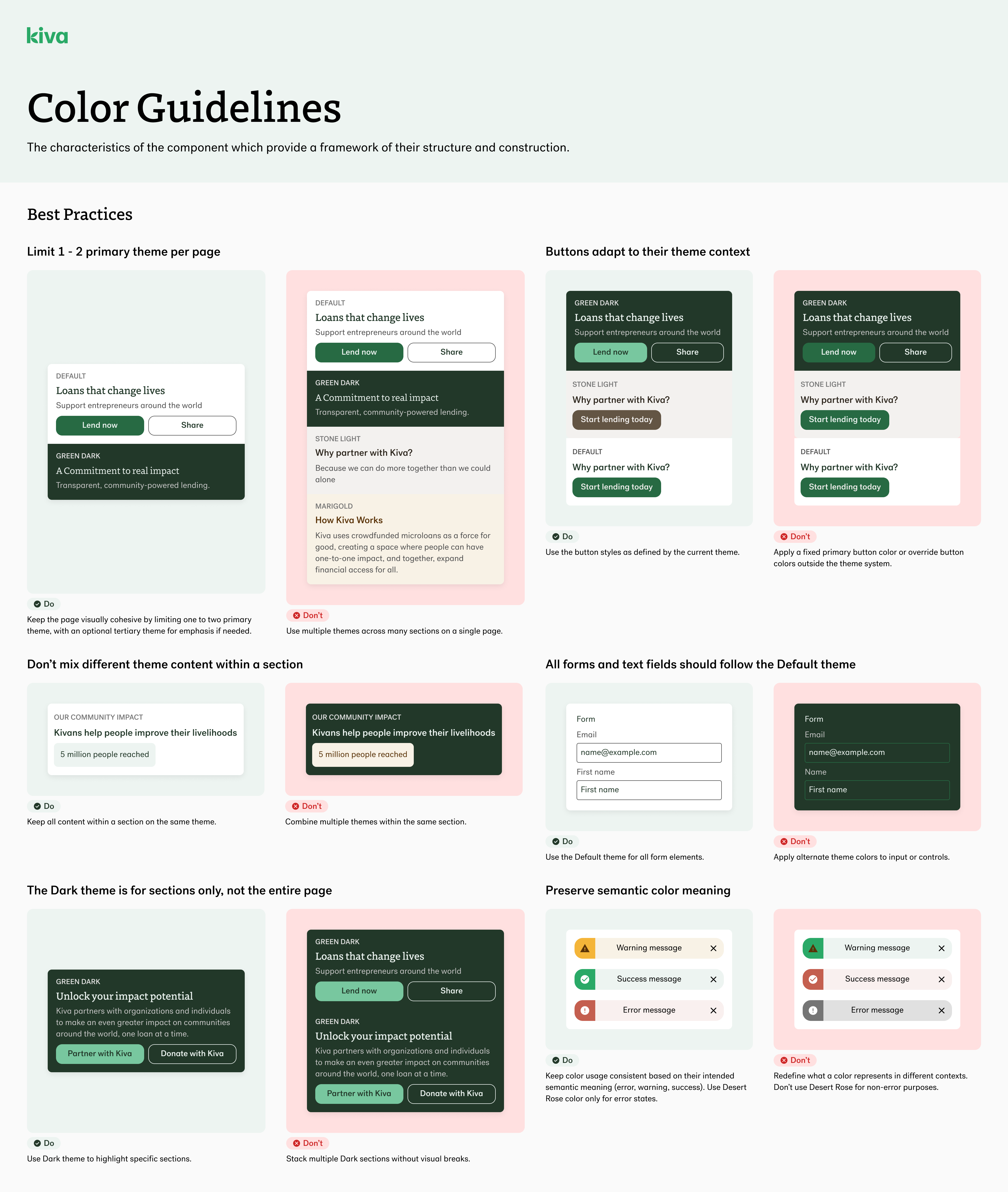 Color guidelines — semantic color usage by context, do and don't examples, multi-theme behavior, and WCAG compliance requirements