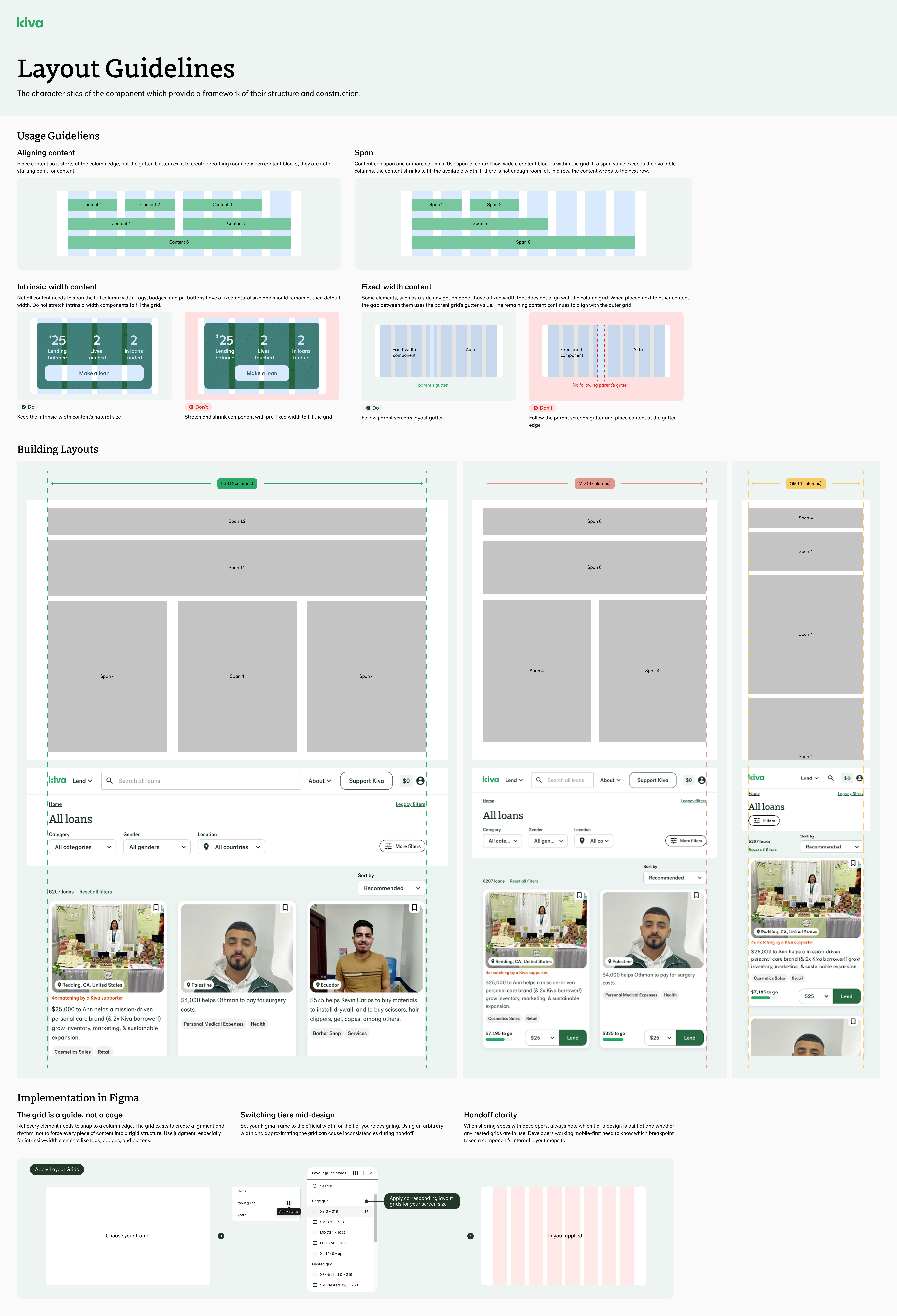 Layout guidelines — grid usage rules, breakpoint behavior, container widths, and page-level layout patterns with engineering annotations