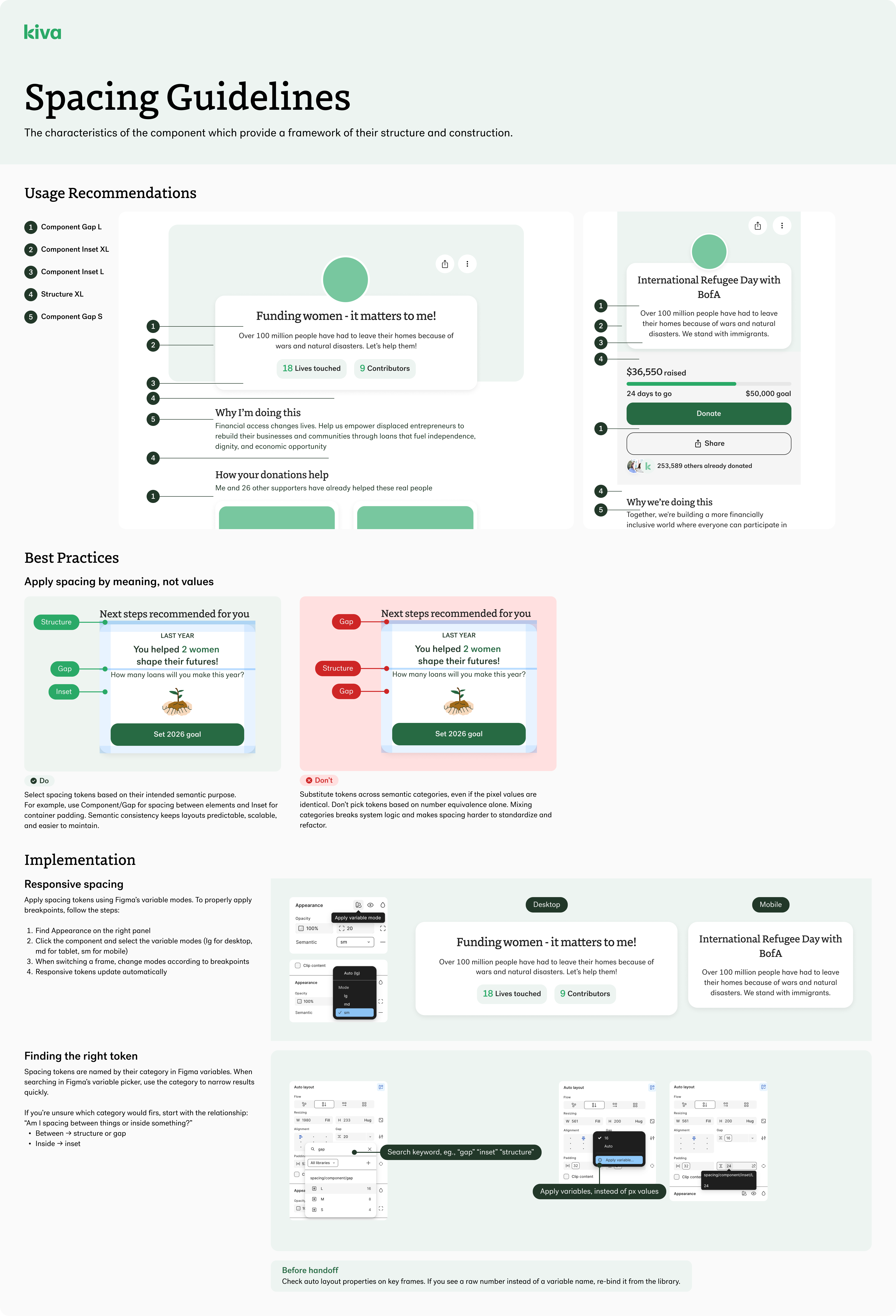 Spacing guidelines — when to use each spacing step, component vs. structural spacing, and Tailwind implementation with visual examples