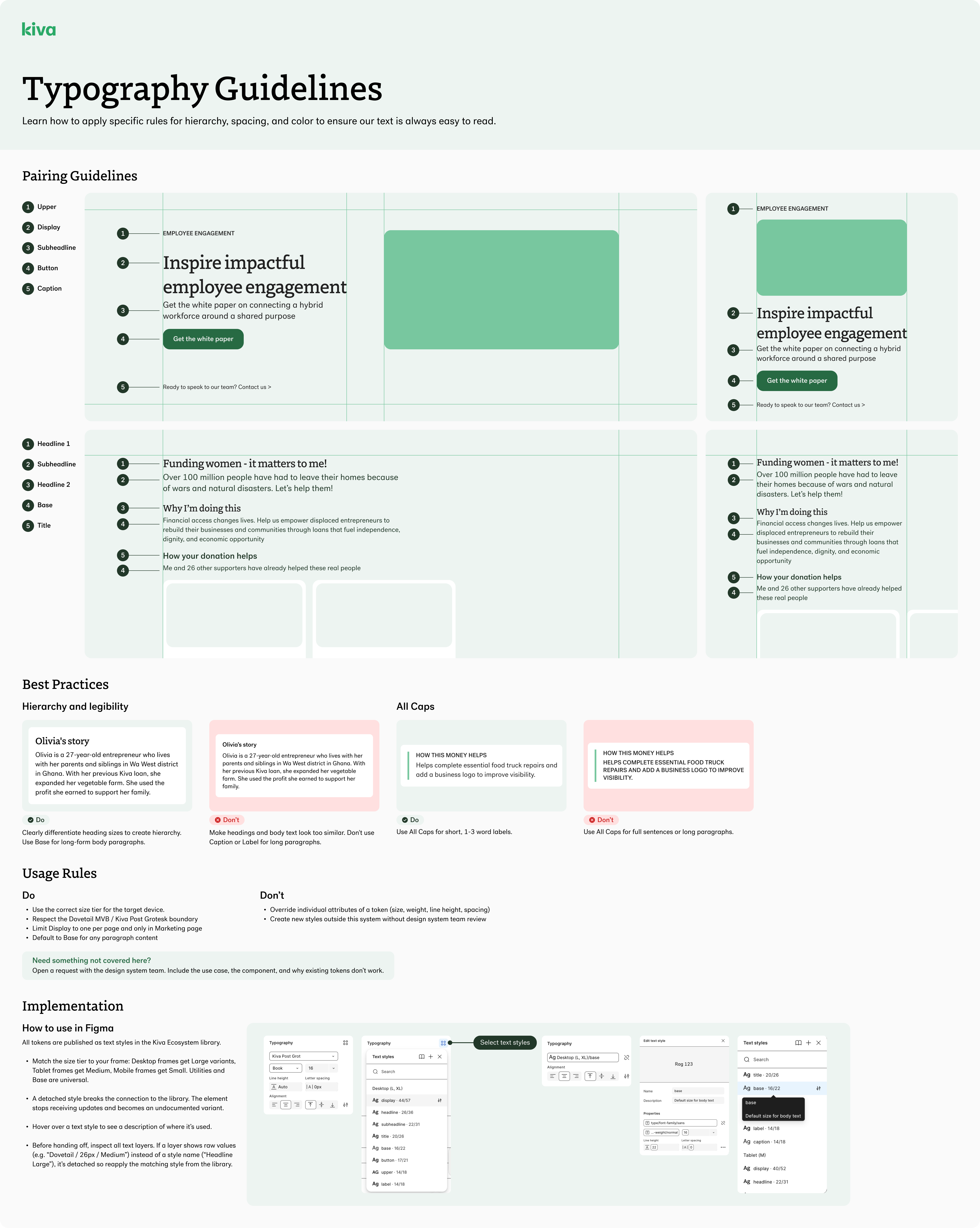 Typography guidelines — usage rules for each type token across hierarchy levels, pairing constraints, responsive behavior, and AI implementation notes