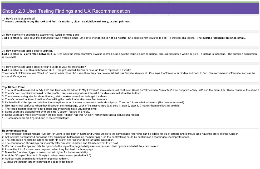 Usability test results spreadsheet