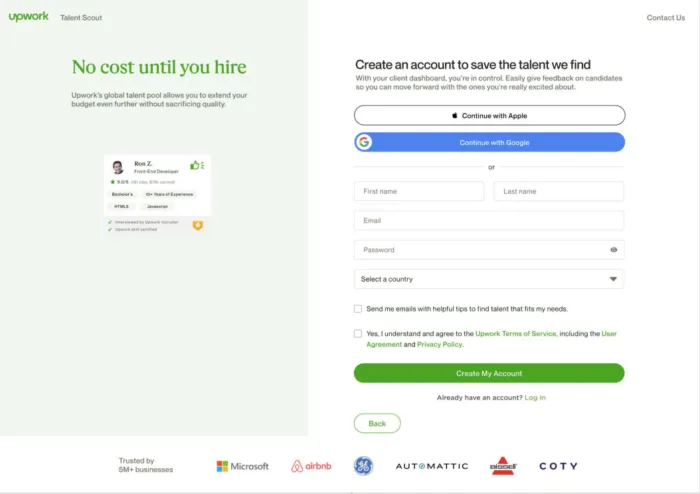Sign up screen